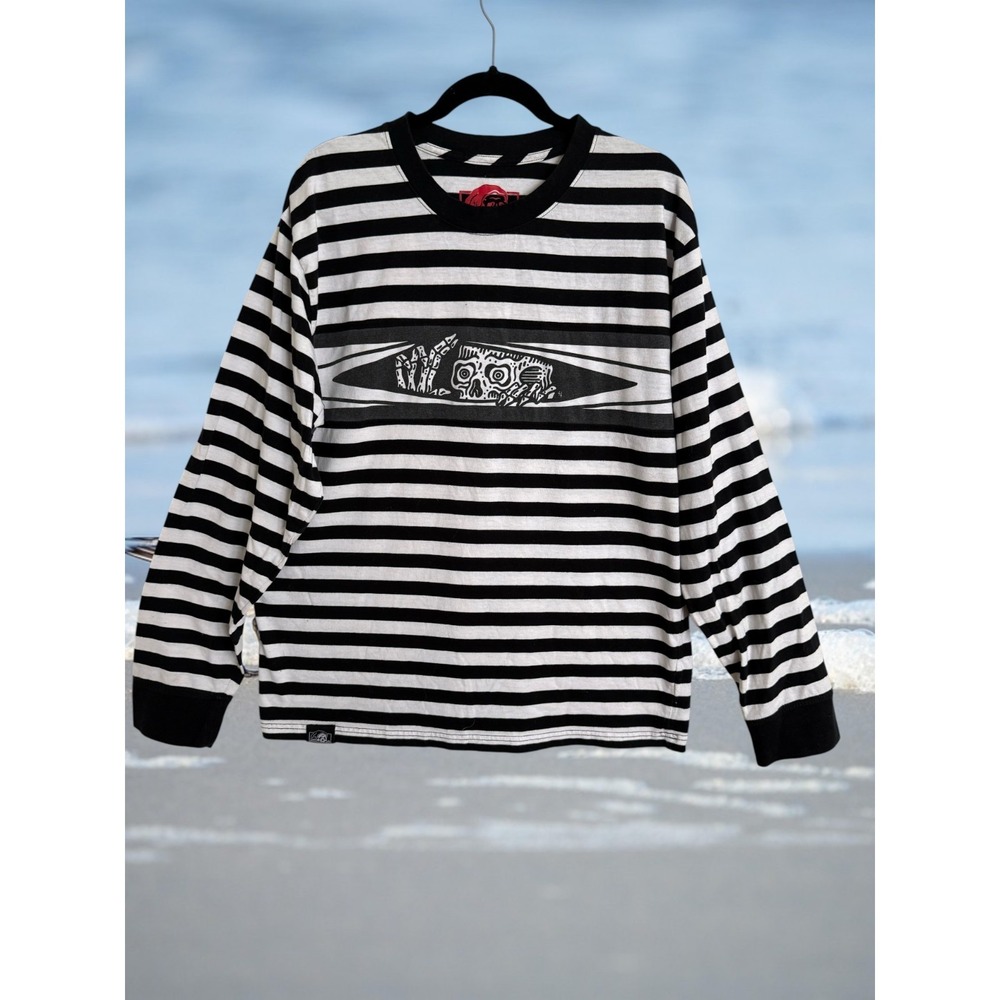 Lurking Class Men's Black White Skull Striped Long Sleeve Crew Neck T-Shirt L